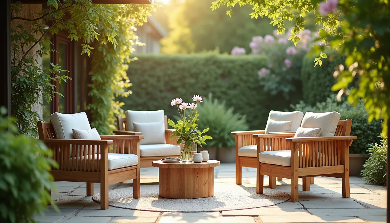 teak outdoor chairs in a garden patio