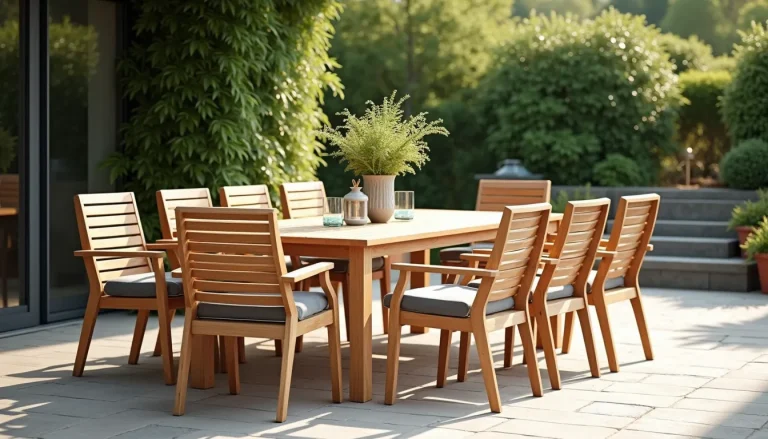teak outdoor dining set on patio