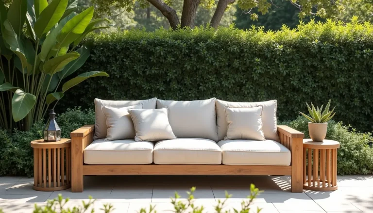 teak outdoor sofa in backyard patio