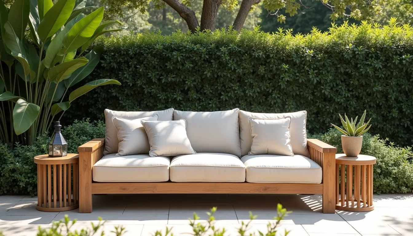 teak outdoor sofa in backyard patio