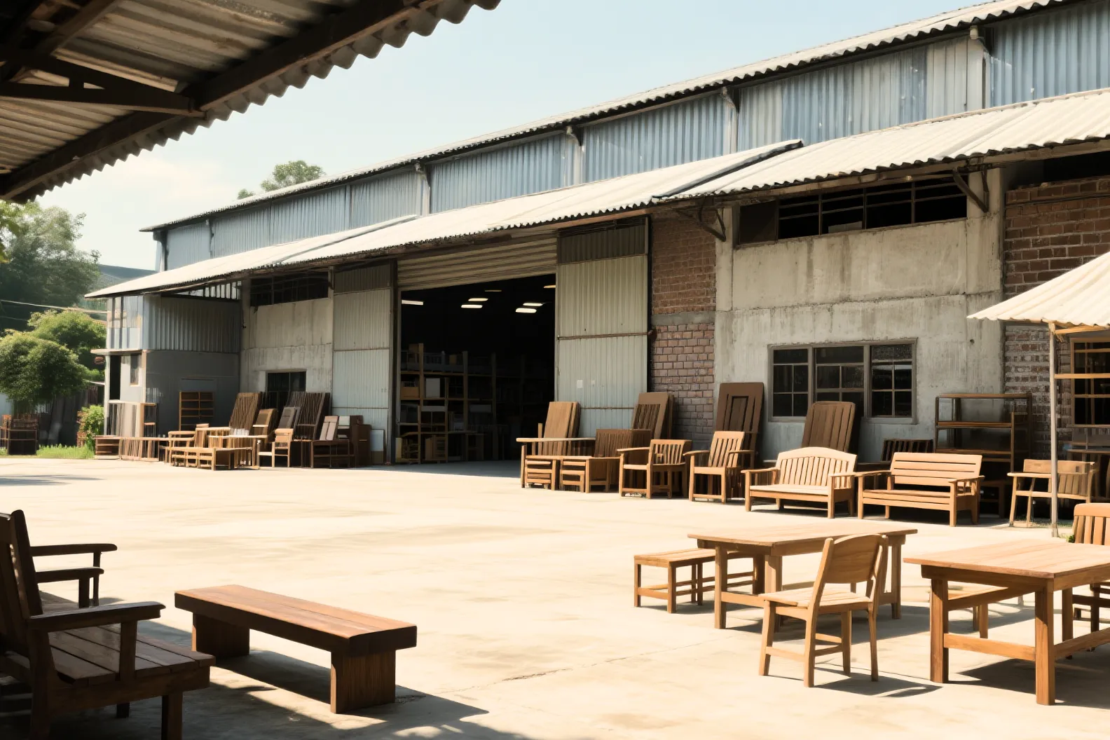 Outdoor teak furniture in front of a manufacturing warehouse in Indonesia